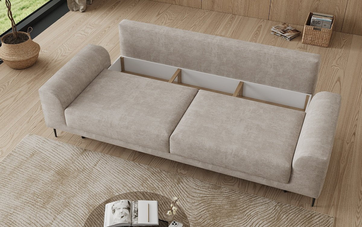 Designer 3-zitsbank Bloom in Ribstof met slaapfunctie en opbergruimte