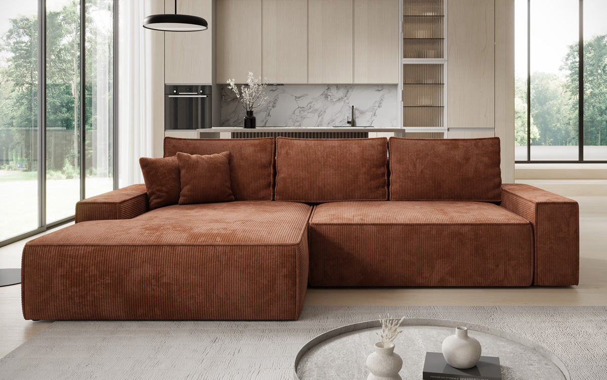 Designer hoekbank Verona met brede ottomane met slaap- en uitklapfunctie in Ribstof