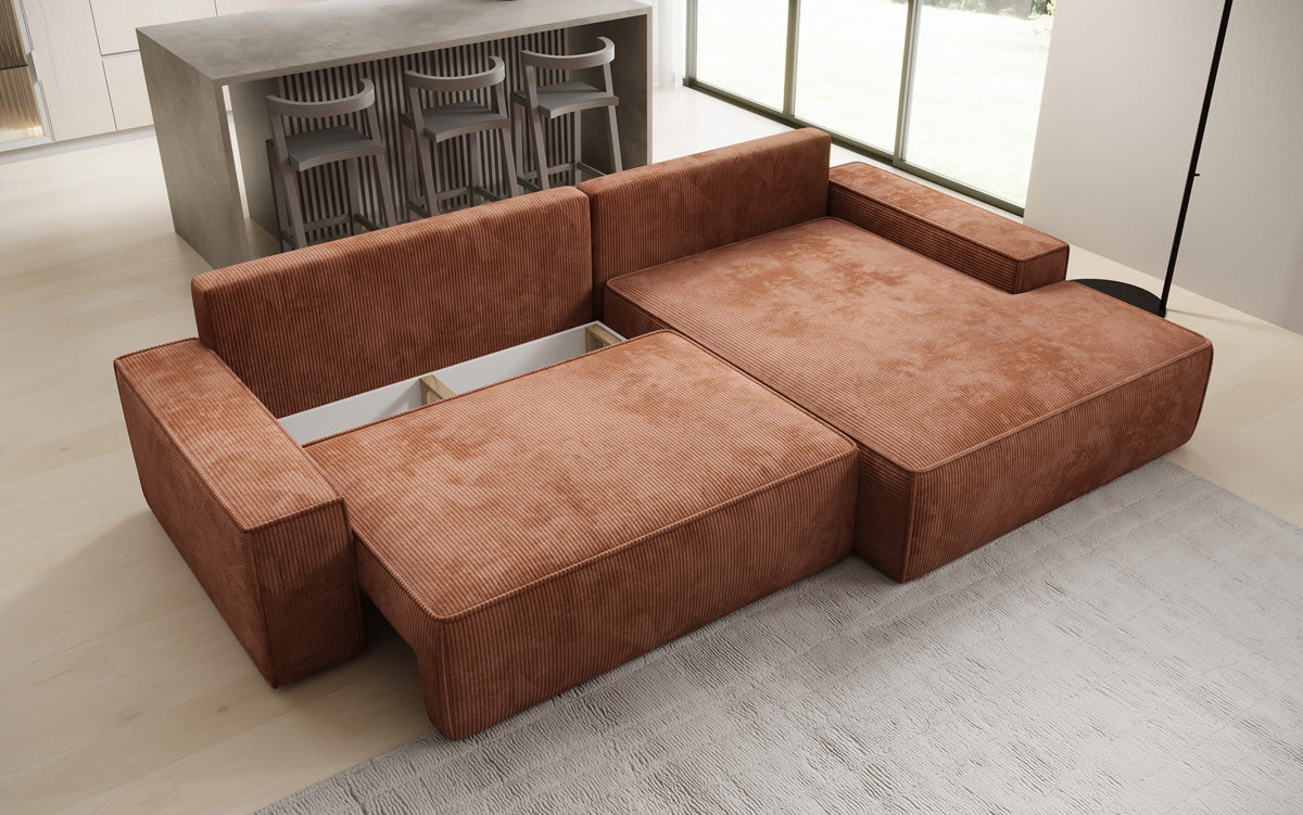 Designer hoekbank Verona met brede ottomane met slaap- en uitklapfunctie in Ribstof