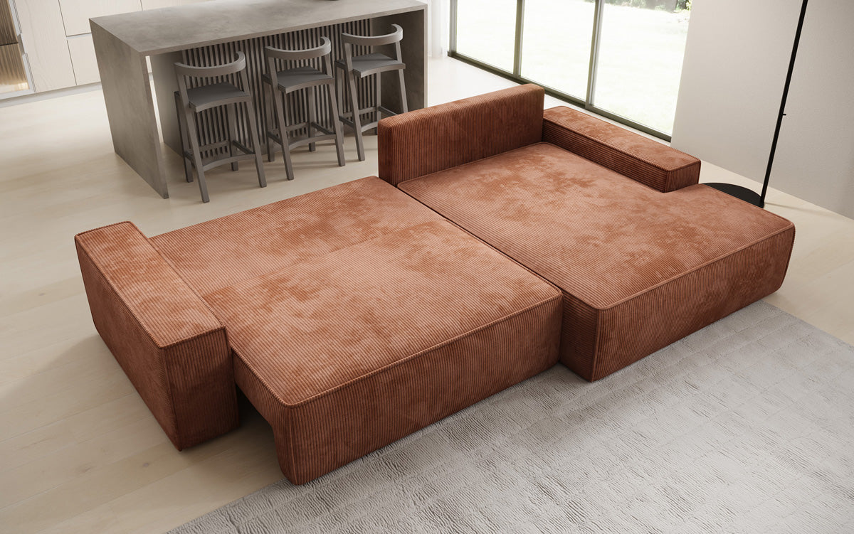 Designer hoekbank Verona met brede ottomane met slaap- en uitklapfunctie in Ribstof