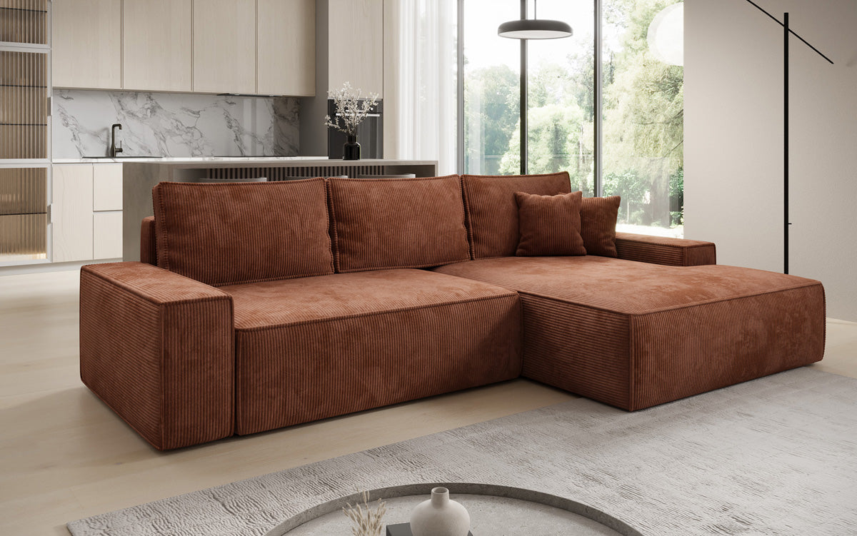Designer hoekbank Verona met brede ottomane met slaap- en uitklapfunctie in Ribstof