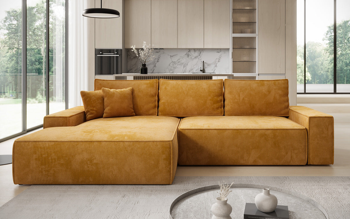 Designer hoekbank Verona met brede ottomane met slaap- en uitklapfunctie in Ribstof
