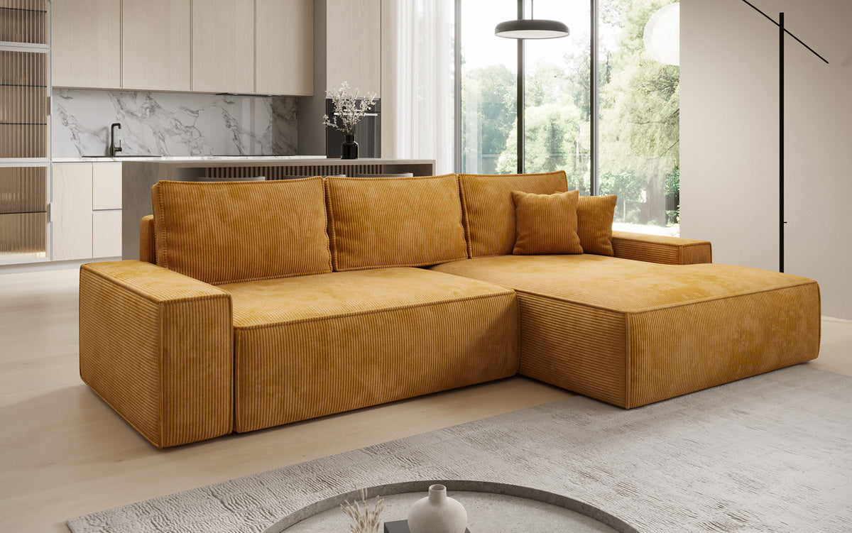 Designer hoekbank Verona met brede ottomane met slaap- en uitklapfunctie in Ribstof