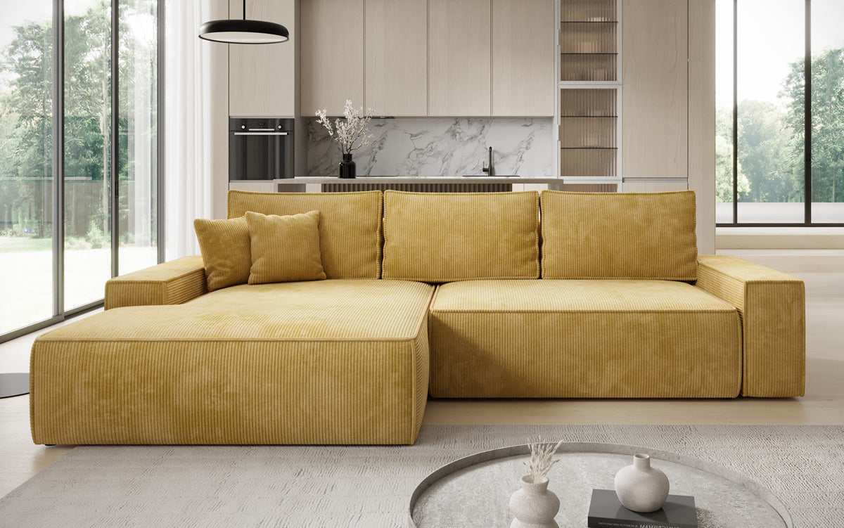 Designer hoekbank Verona met brede ottomane met slaap- en uitklapfunctie in Ribstof