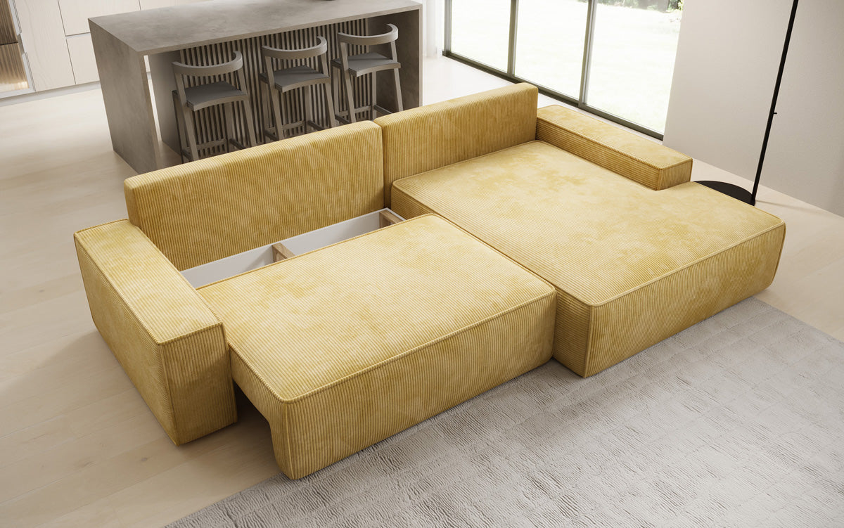 Designer hoekbank Verona met brede ottomane met slaap- en uitklapfunctie in Ribstof