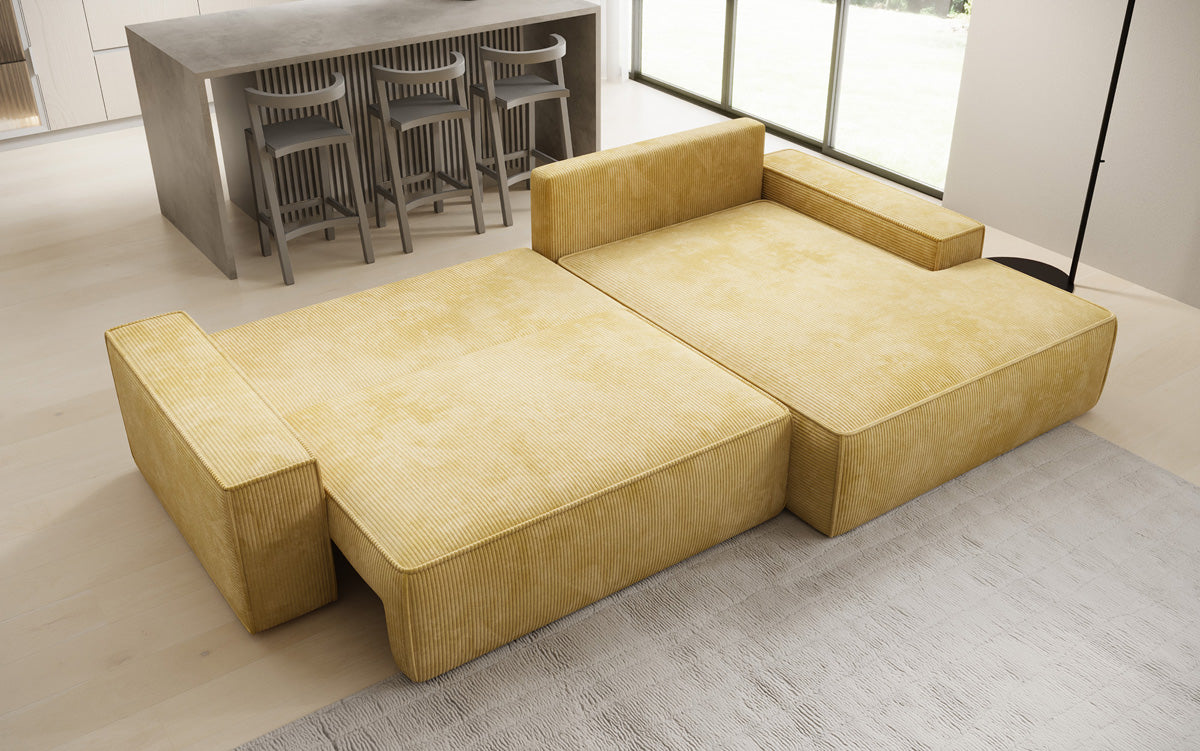 Designer hoekbank Verona met brede ottomane met slaap- en uitklapfunctie in Ribstof