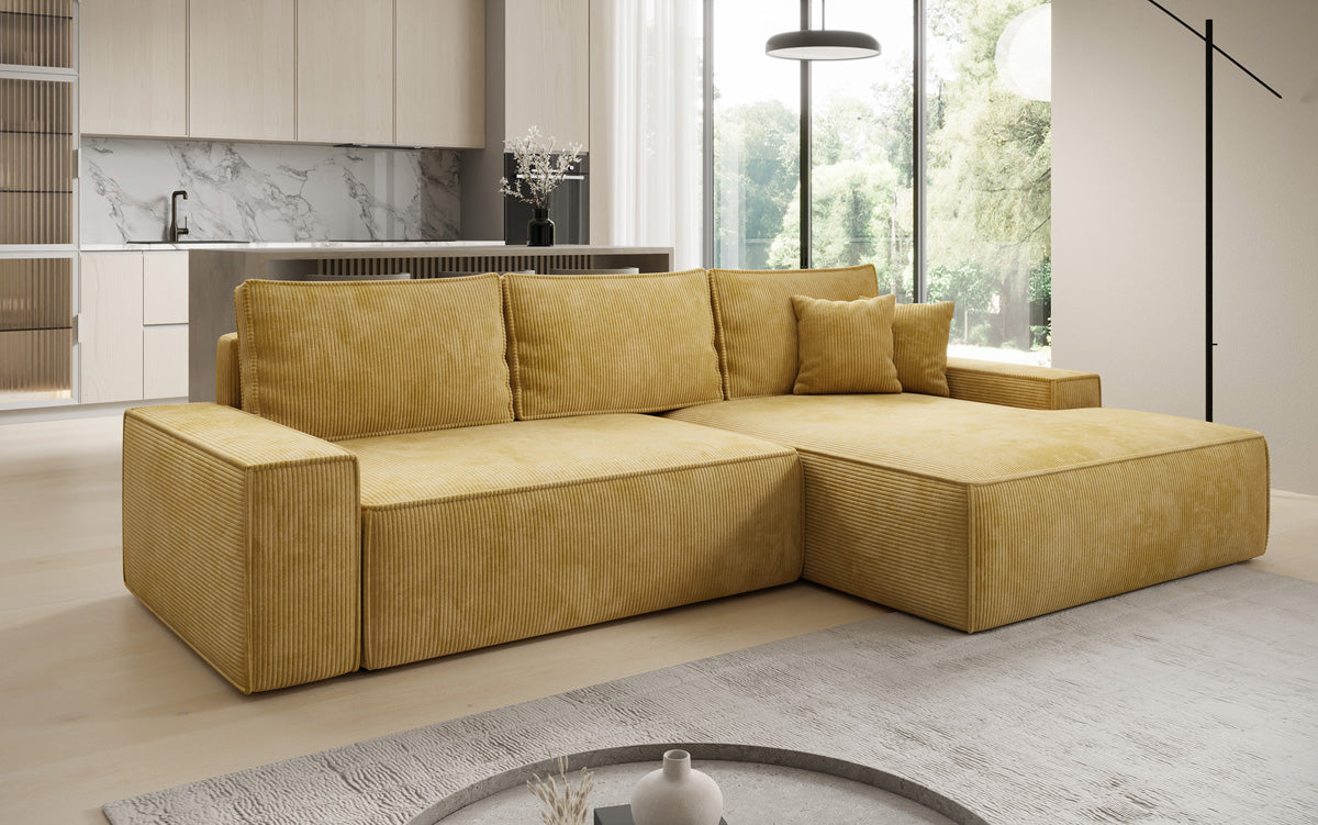 Designer hoekbank Verona met brede ottomane met slaap- en uitklapfunctie in Ribstof