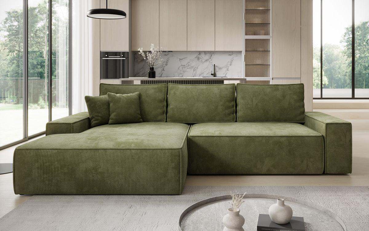 Designer hoekbank Verona met brede ottomane met slaap- en uitklapfunctie in Ribstof