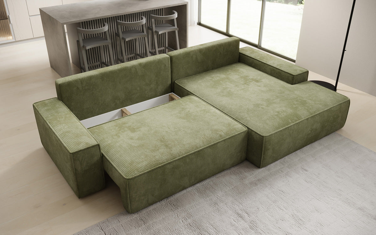 Designer hoekbank Verona met brede ottomane met slaap- en uitklapfunctie in Ribstof