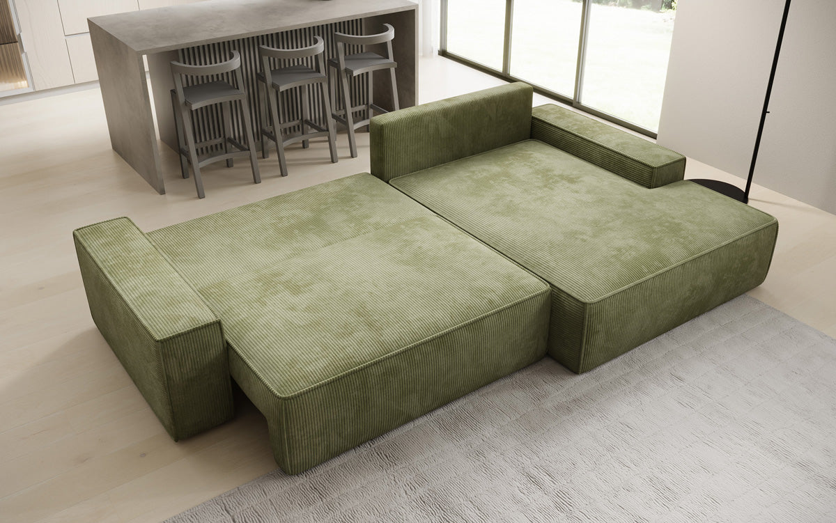 Designer hoekbank Verona met brede ottomane met slaap- en uitklapfunctie in Ribstof