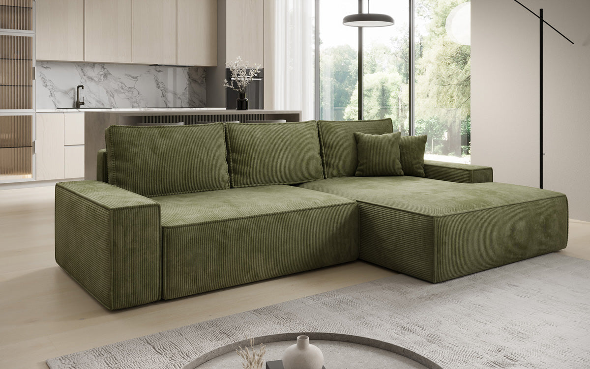 Designer hoekbank Verona met brede ottomane met slaap- en uitklapfunctie in Ribstof