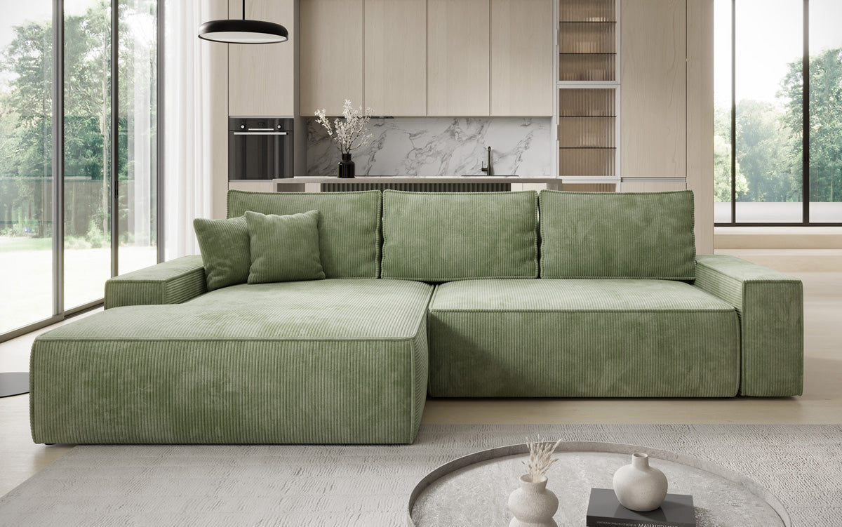 Designer hoekbank Verona met brede ottomane met slaap- en uitklapfunctie in Ribstof