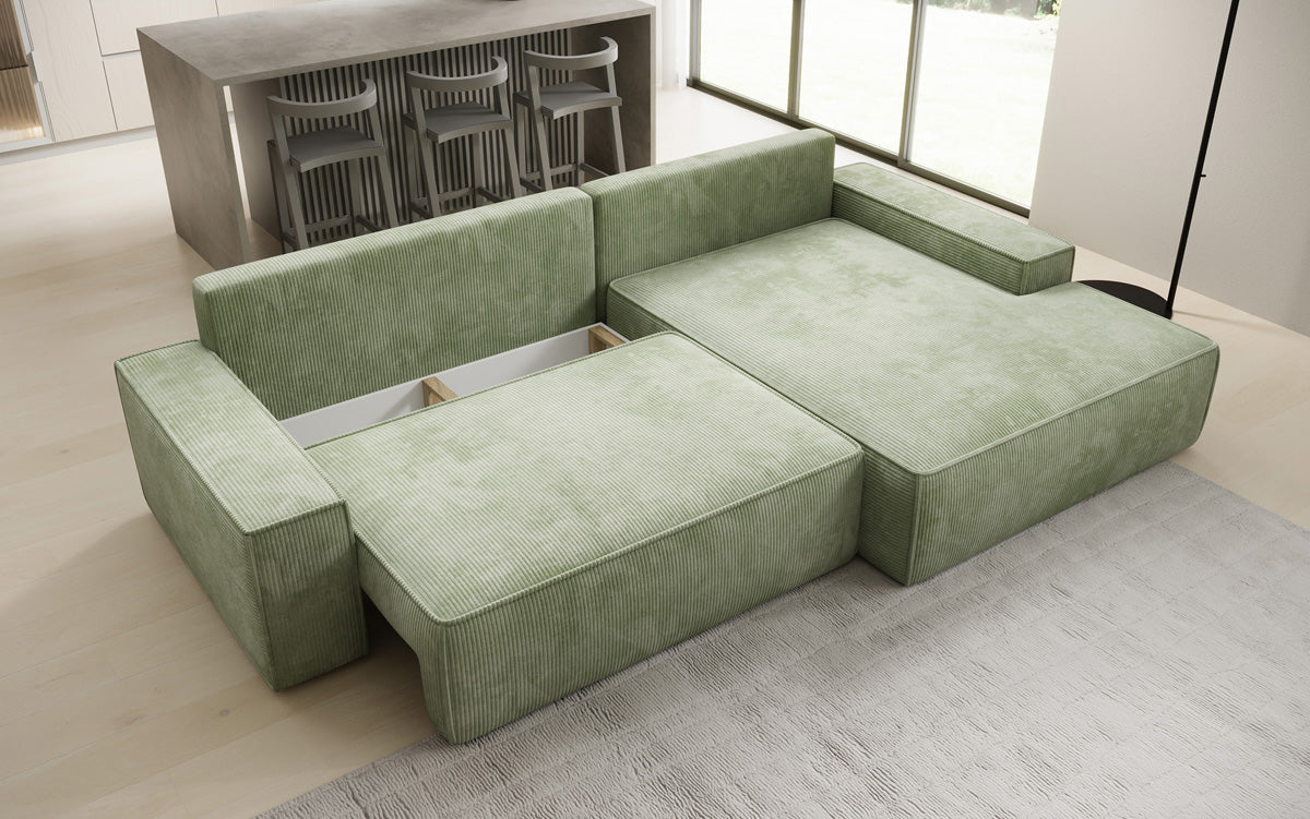 Designer hoekbank Verona met brede ottomane met slaap- en uitklapfunctie in Ribstof