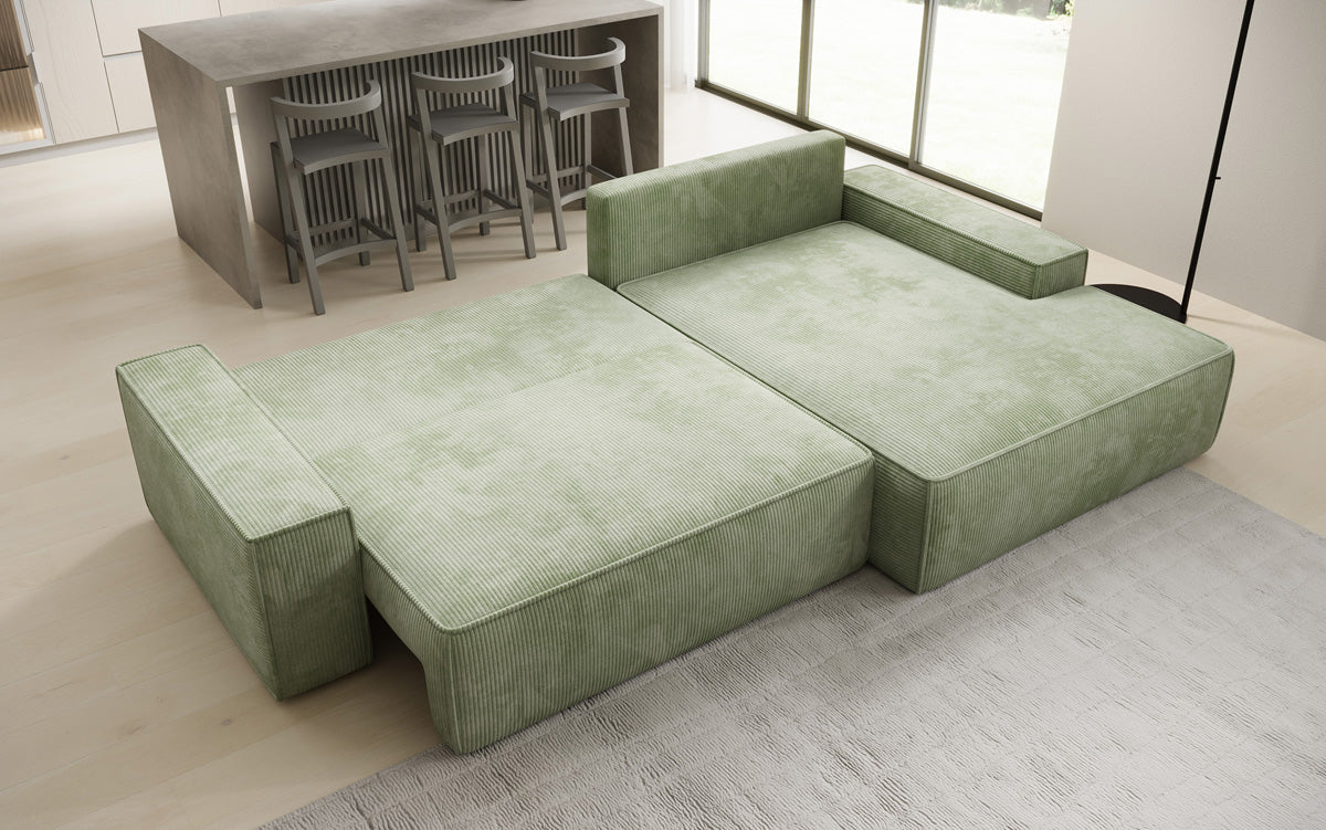 Designer hoekbank Verona met brede ottomane met slaap- en uitklapfunctie in Ribstof