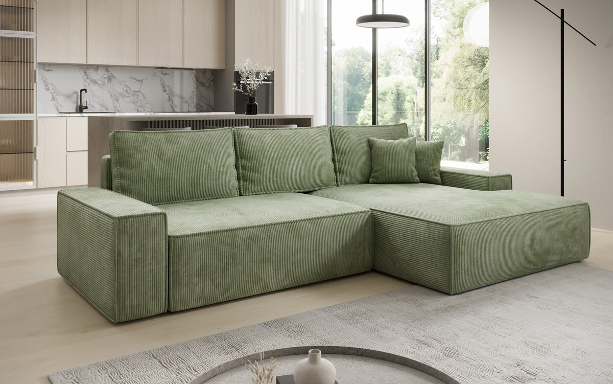 Designer hoekbank Verona met brede ottomane met slaap- en uitklapfunctie in Ribstof