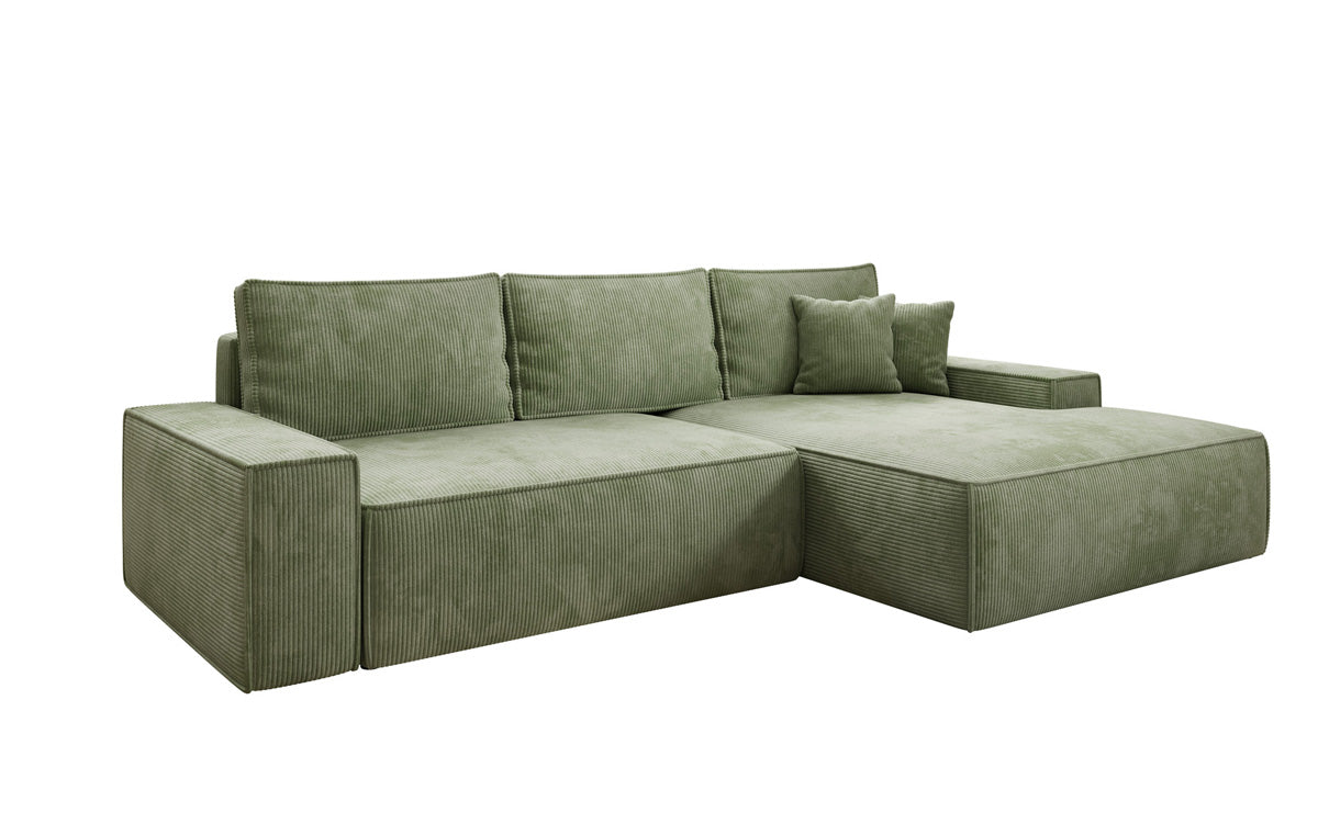 Designer hoekbank Verona met brede ottomane met slaap- en uitklapfunctie in Ribstof