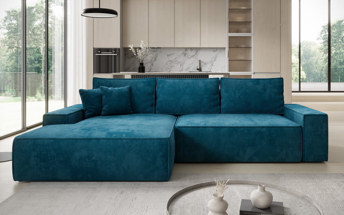 Designer hoekbank Verona met brede ottomane met slaap- en uitklapfunctie in Ribstof