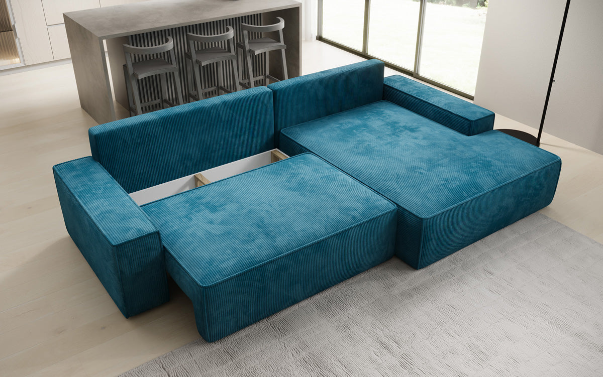 Designer hoekbank Verona met brede ottomane met slaap- en uitklapfunctie in Ribstof