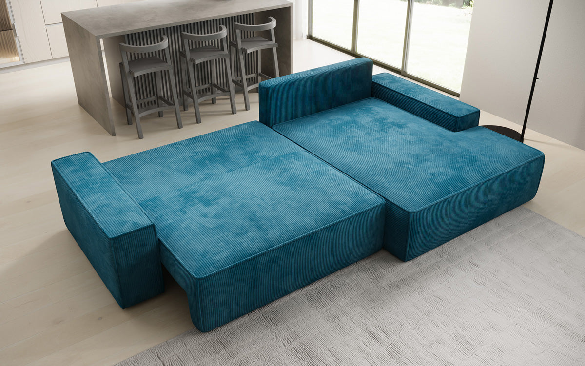 Designer hoekbank Verona met brede ottomane met slaap- en uitklapfunctie in Ribstof