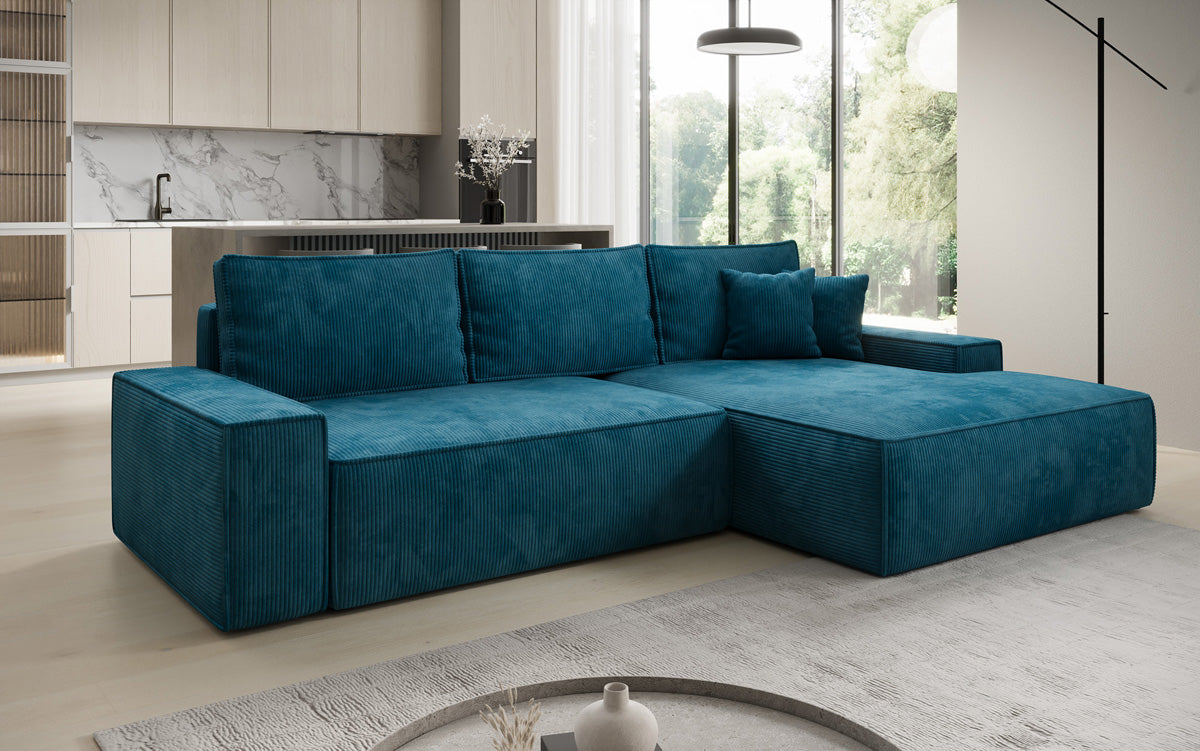 Designer hoekbank Verona met brede ottomane met slaap- en uitklapfunctie in Ribstof