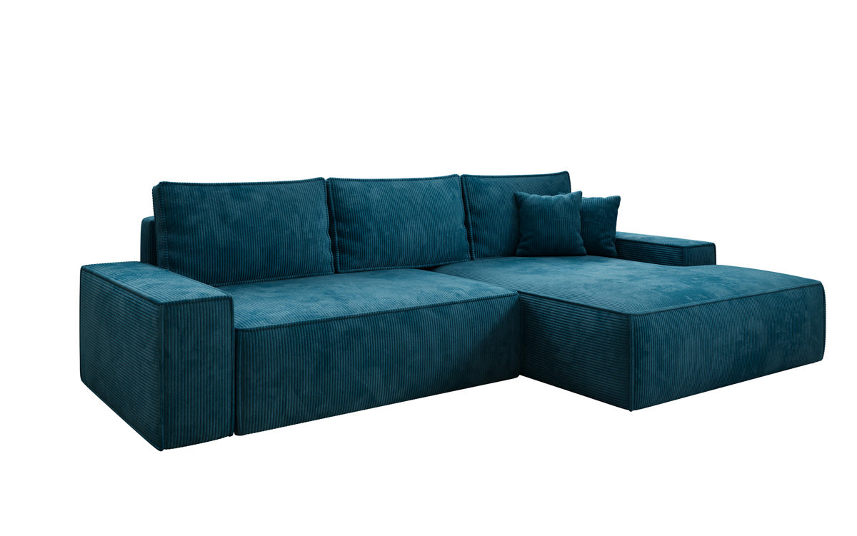 Designer hoekbank Verona met brede ottomane met slaap- en uitklapfunctie in Ribstof