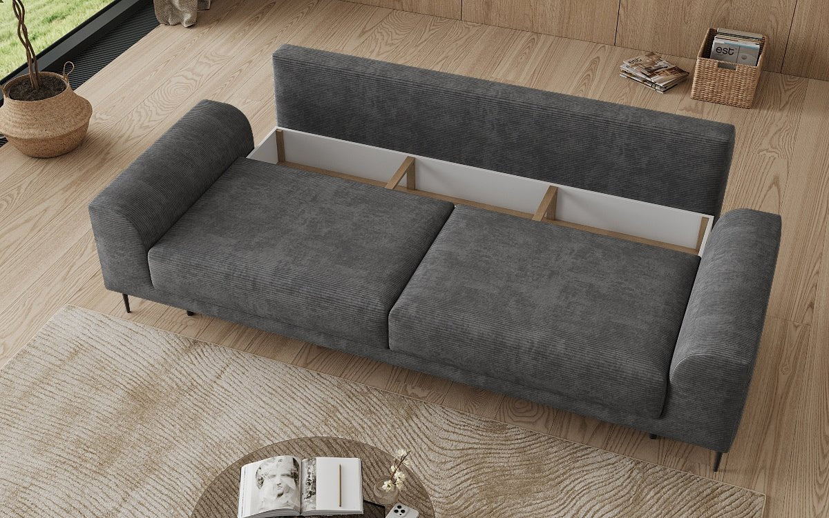 Designer 3-zitsbank Bloom in Ribstof met slaapfunctie en opbergruimte