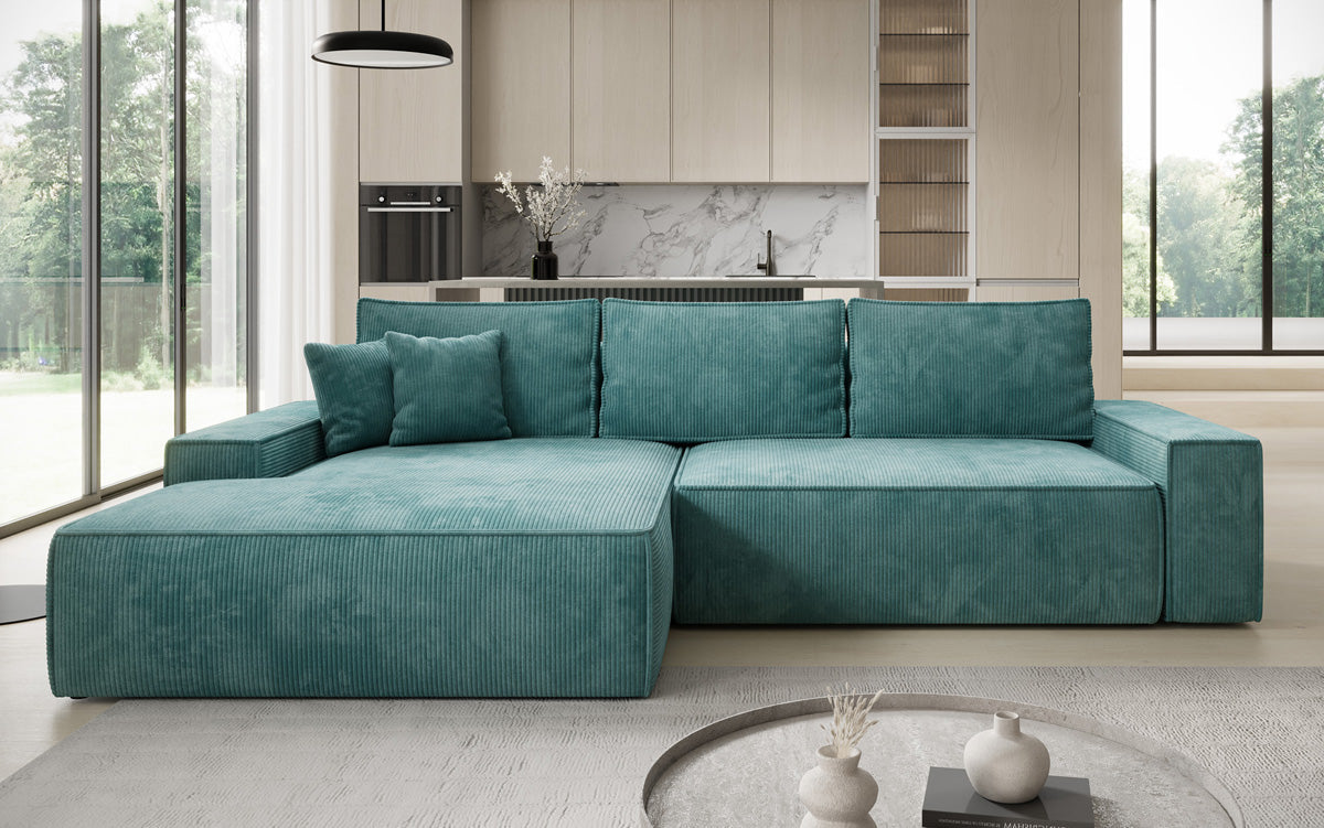 Designer hoekbank Verona met brede ottomane met slaap- en uitklapfunctie in Ribstof