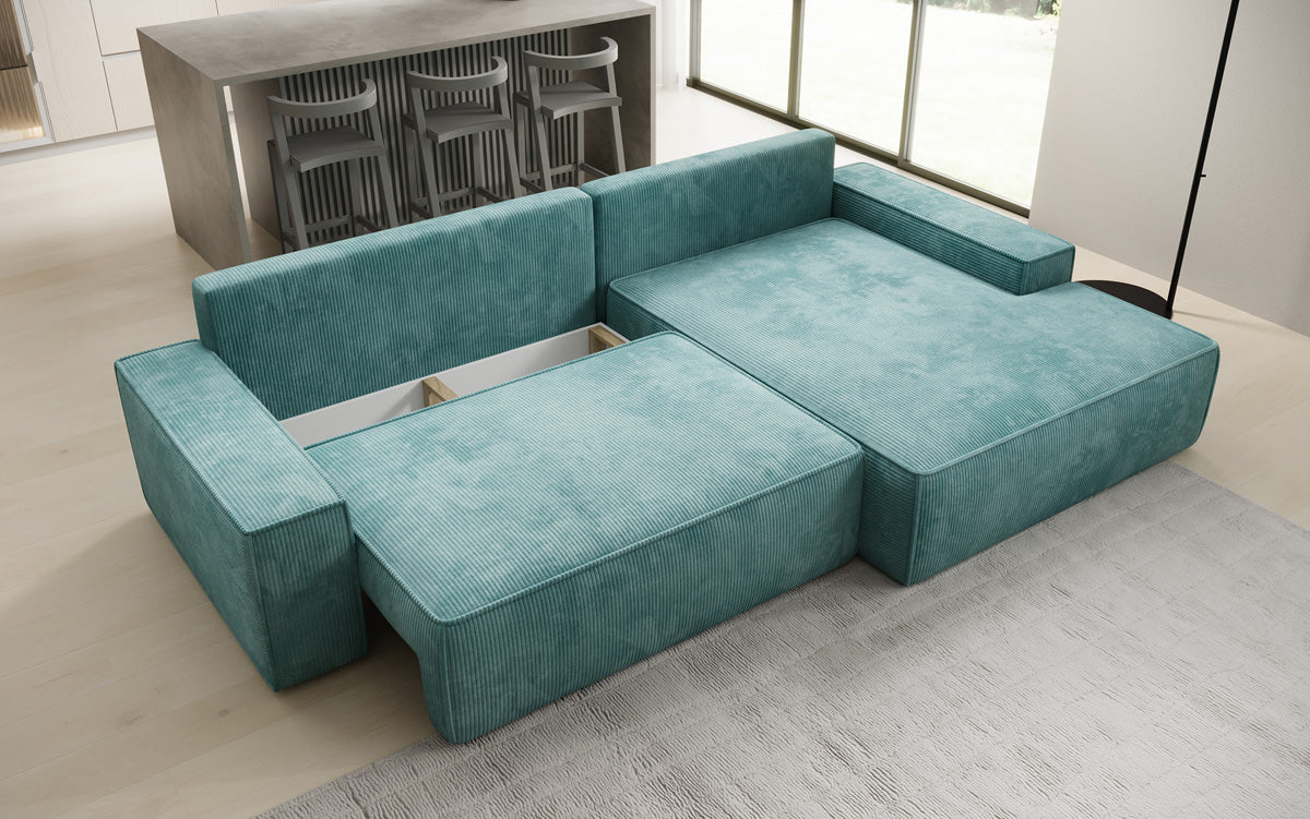 Designer hoekbank Verona met brede ottomane met slaap- en uitklapfunctie in Ribstof