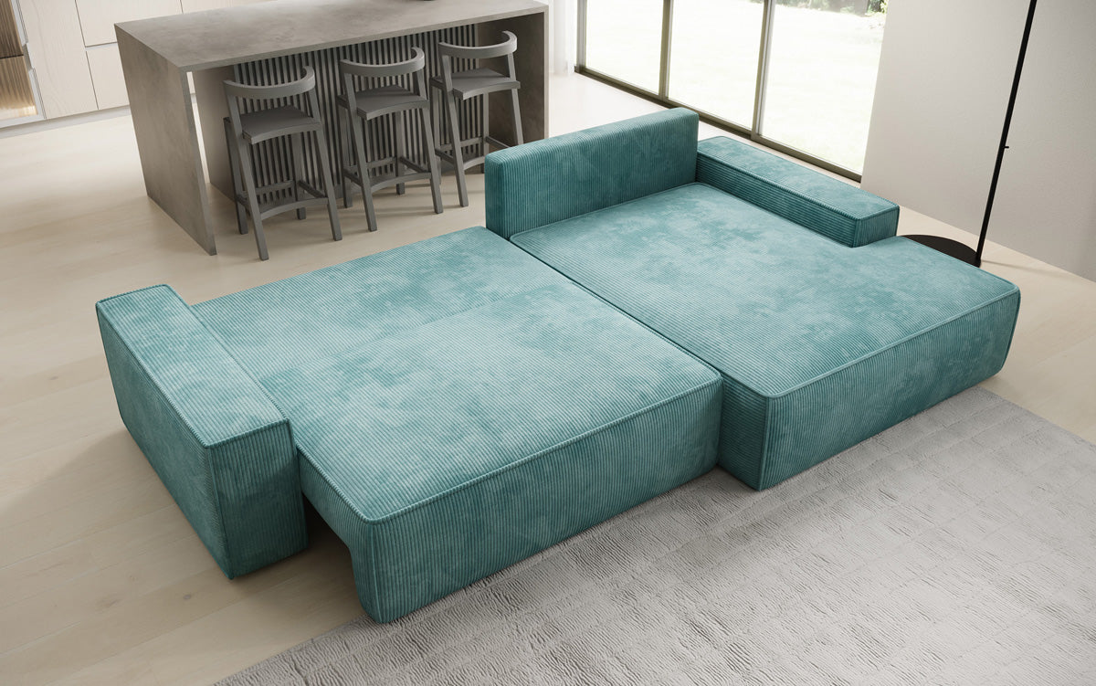 Designer hoekbank Verona met brede ottomane met slaap- en uitklapfunctie in Ribstof