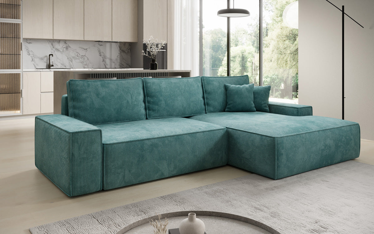 Designer hoekbank Verona met brede ottomane met slaap- en uitklapfunctie in Ribstof