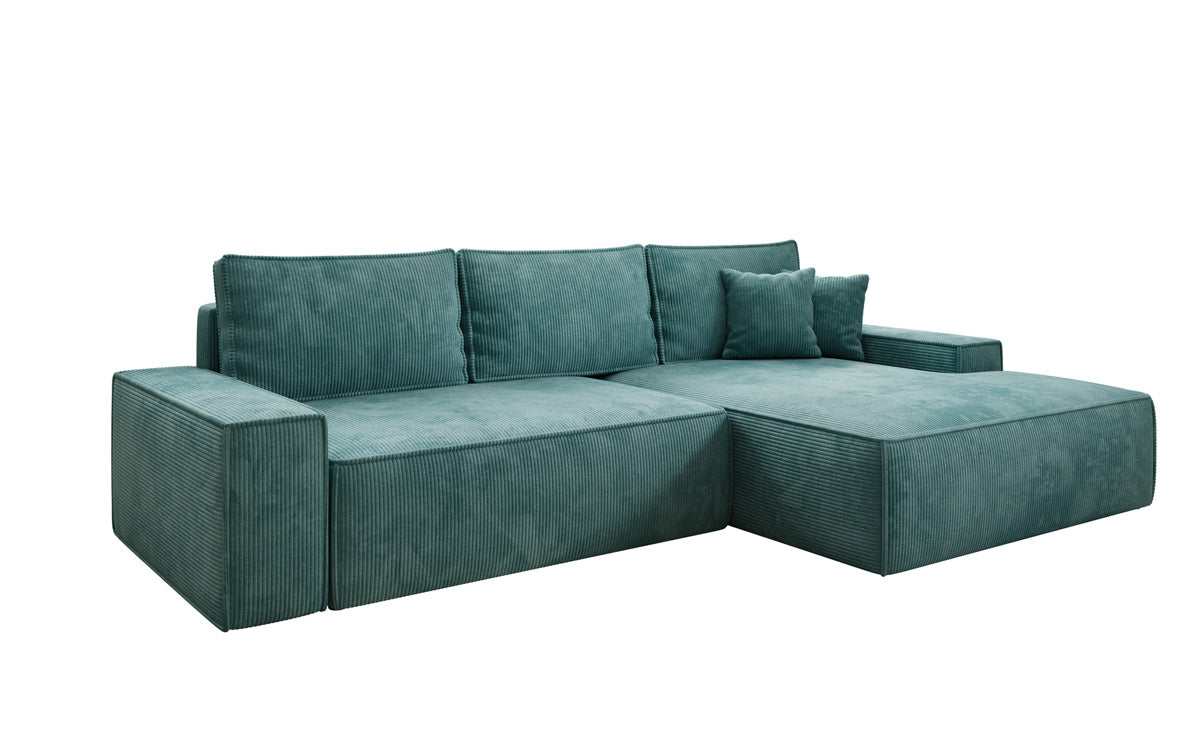 Designer hoekbank Verona met brede ottomane met slaap- en uitklapfunctie in Ribstof