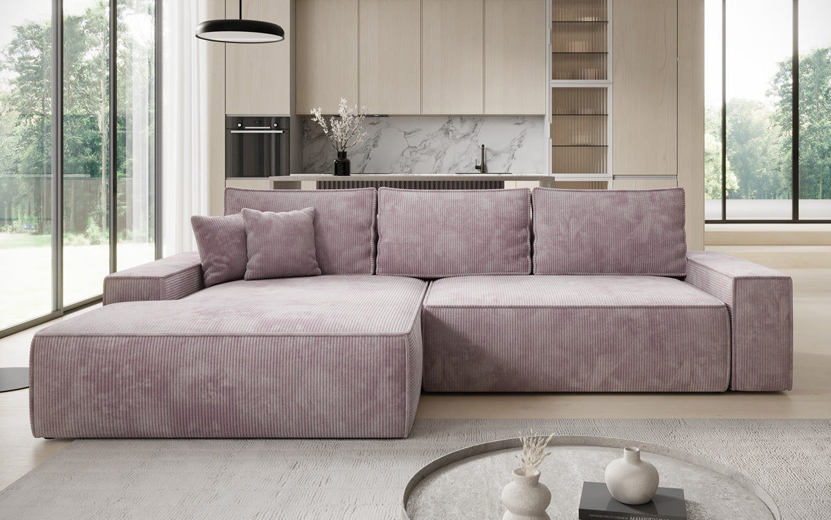 Designer hoekbank Verona met brede ottomane met slaap- en uitklapfunctie in Ribstof