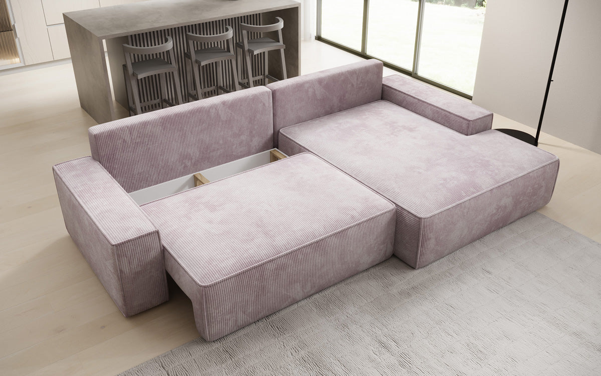 Designer hoekbank Verona met brede ottomane met slaap- en uitklapfunctie in Ribstof