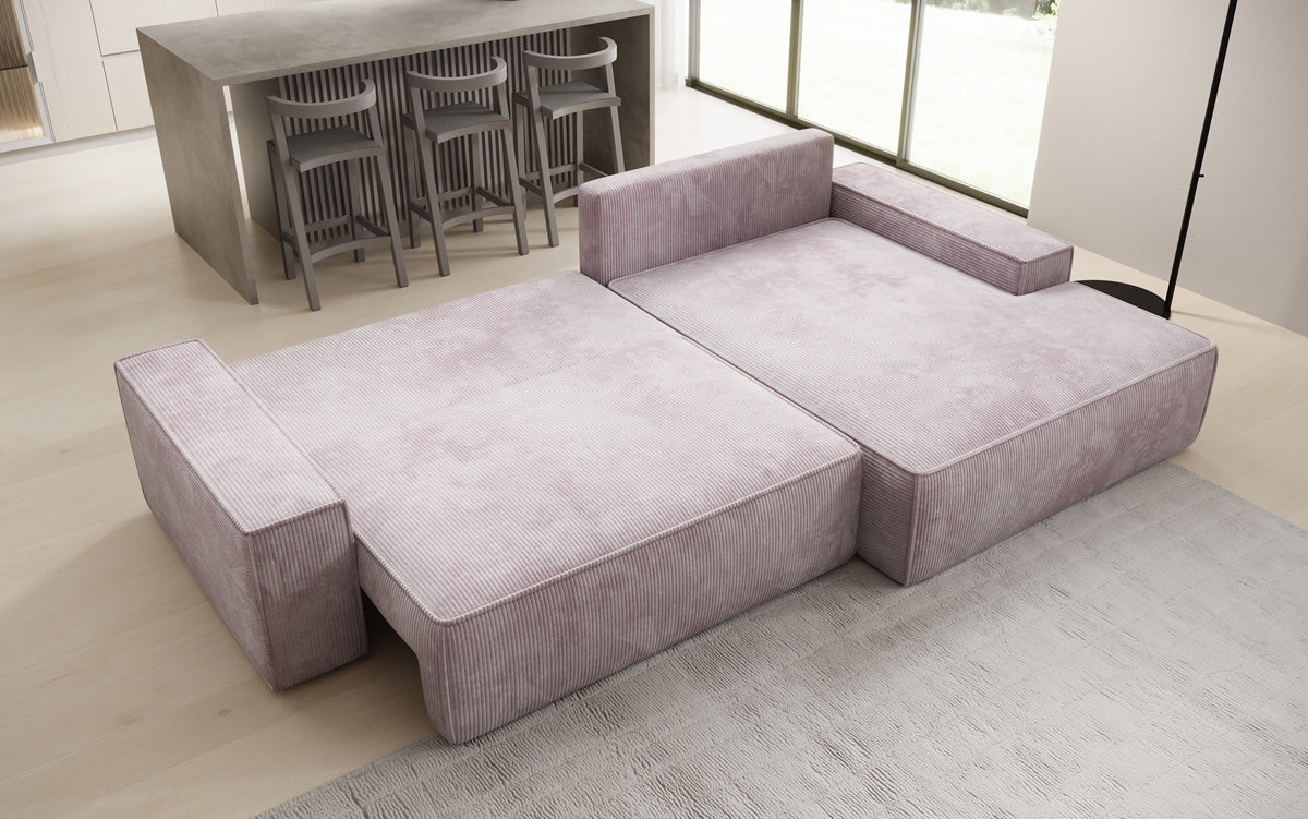 Designer hoekbank Verona met brede ottomane met slaap- en uitklapfunctie in Ribstof