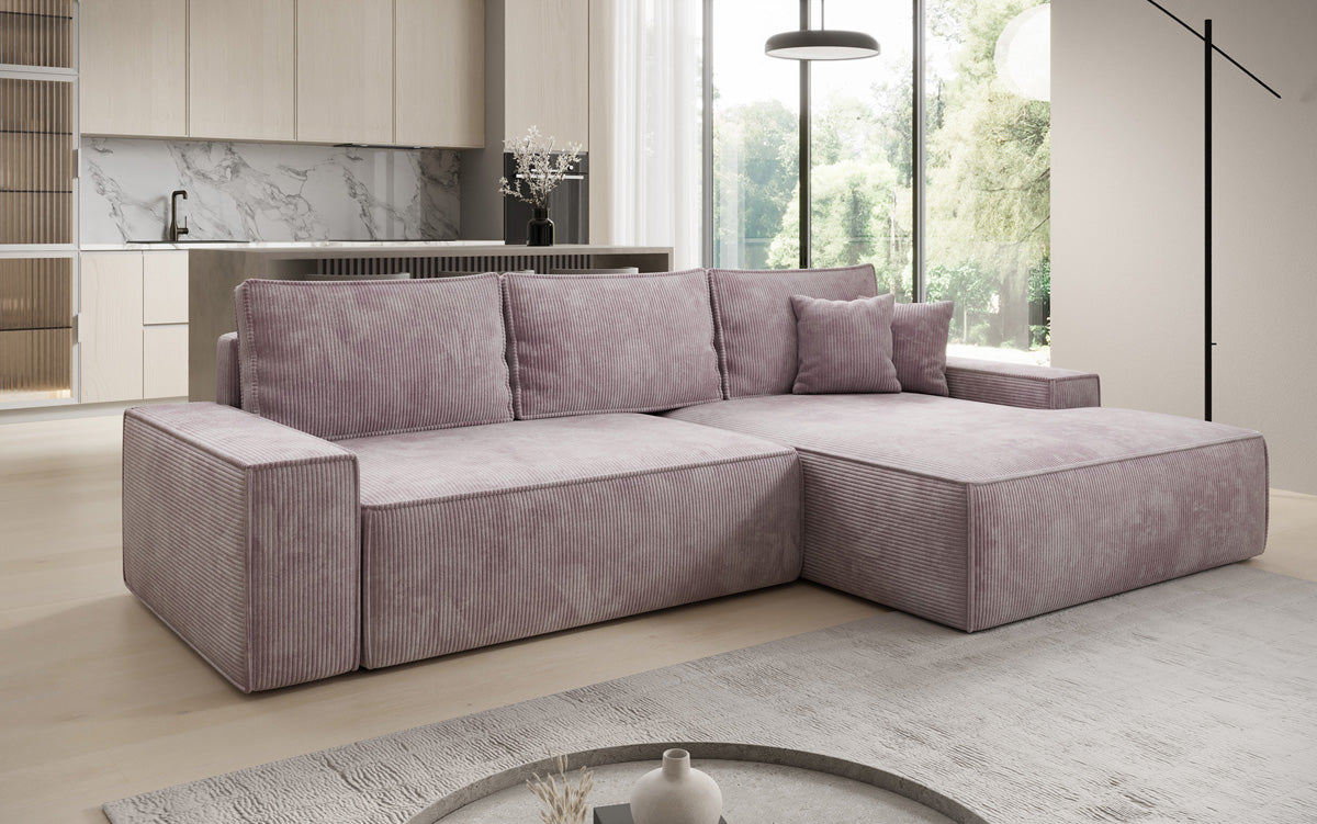 Designer hoekbank Verona met brede ottomane met slaap- en uitklapfunctie in Ribstof