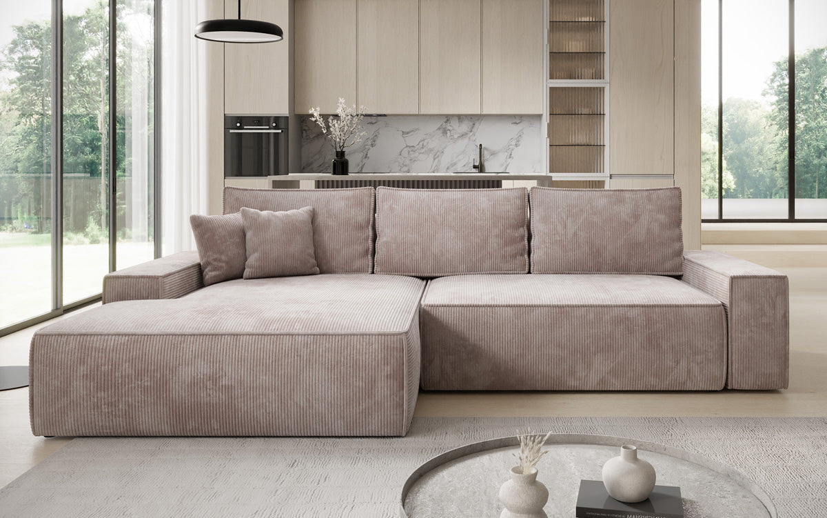 Designer hoekbank Verona met brede ottomane met slaap- en uitklapfunctie in Ribstof