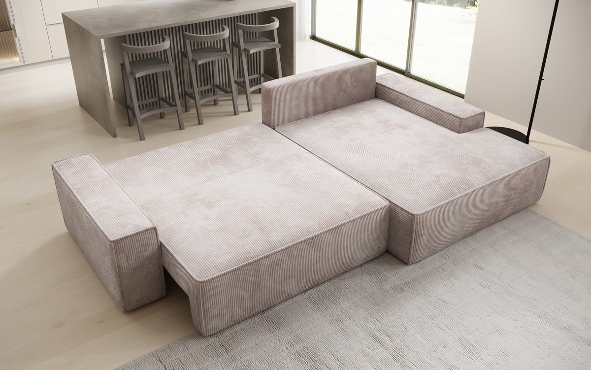 Designer hoekbank Verona met brede ottomane met slaap- en uitklapfunctie in Ribstof