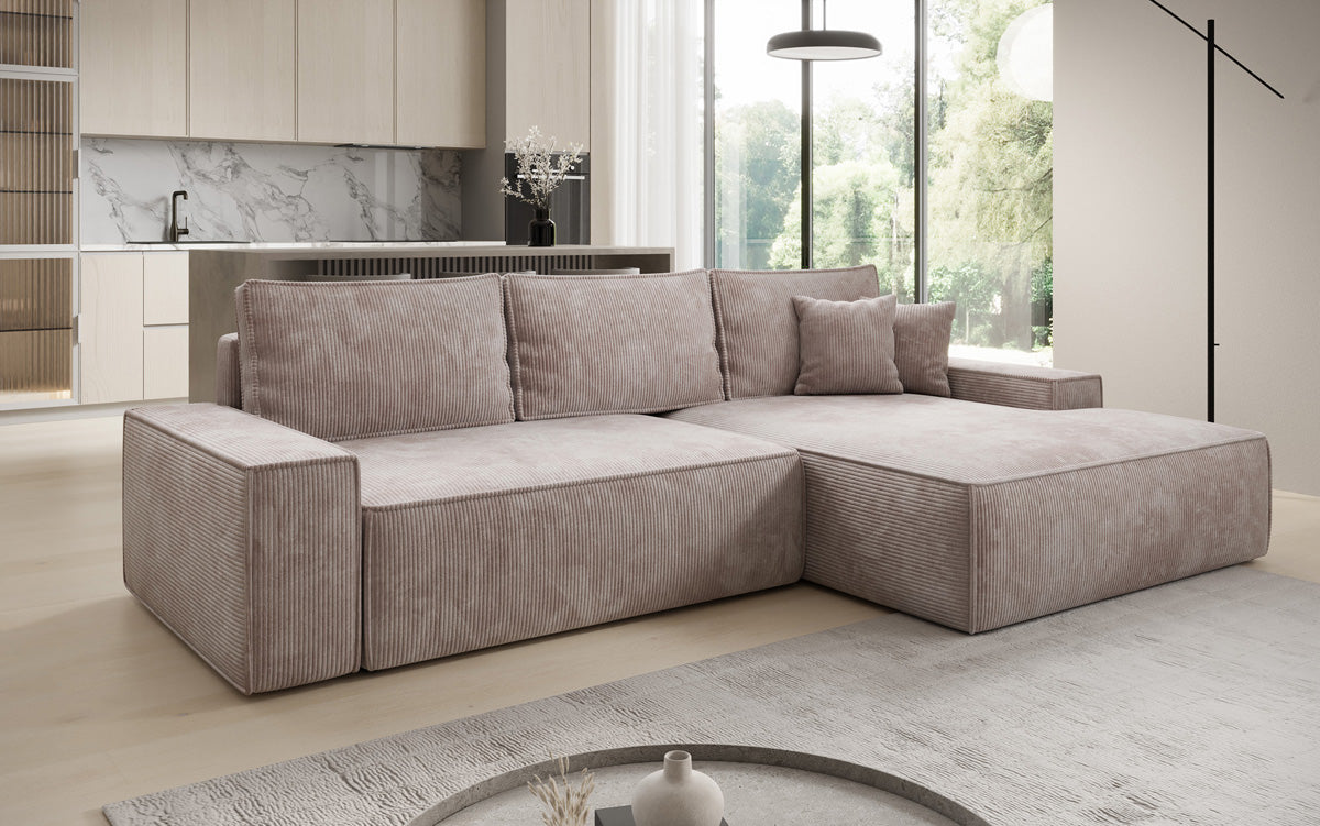 Designer hoekbank Verona met brede ottomane met slaap- en uitklapfunctie in Ribstof