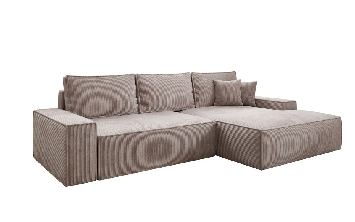 Designer hoekbank Verona met brede ottomane met slaap- en uitklapfunctie in Ribstof
