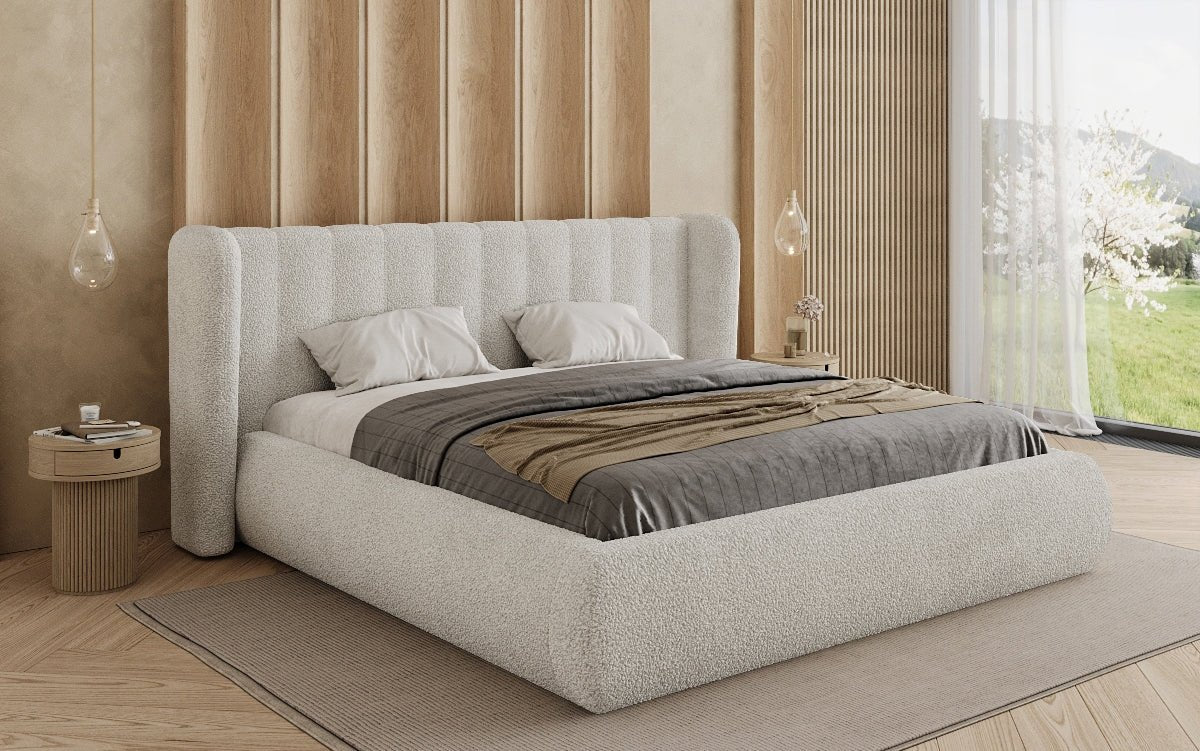 Design gestoffeerd bed Valentina Bouclé met opbergruimte