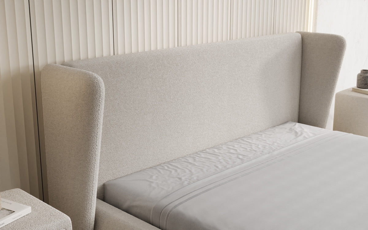 Designer gestoffeerd bed Rosalie in Teddystof Bouclé met opbergruimte