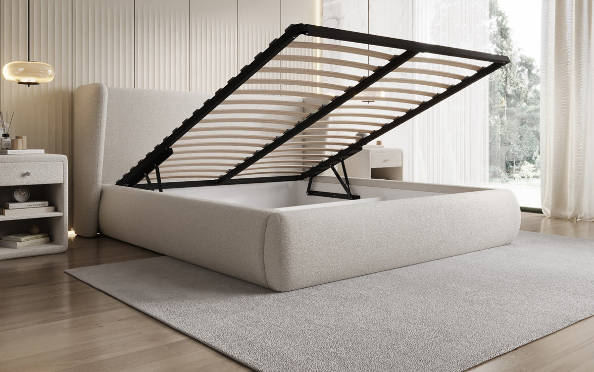 Designer gestoffeerd bed Rosalie in Teddystof Bouclé met opbergruimte