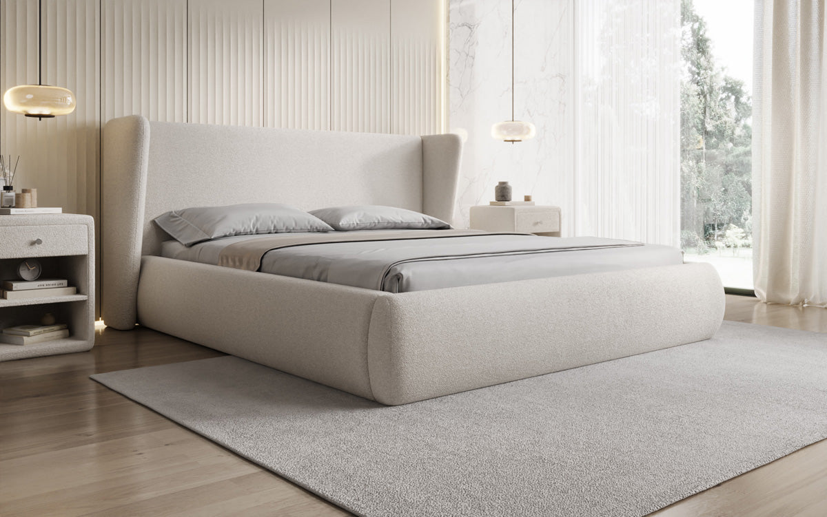 Designer gestoffeerd bed Rosalie in Teddystof Bouclé met opbergruimte