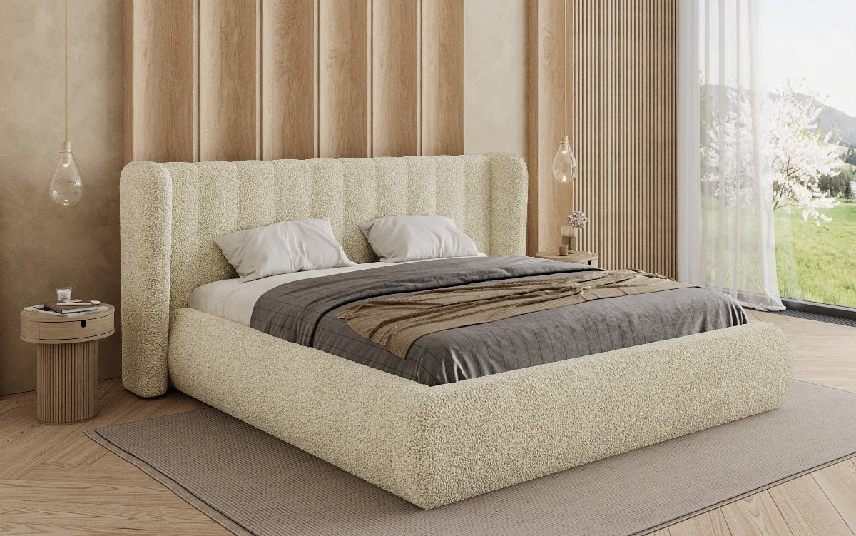 Design gestoffeerd bed Valentina Bouclé met opbergruimte