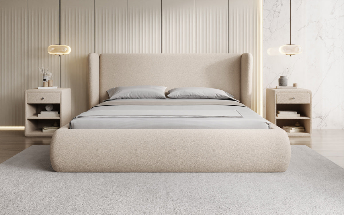 Designer gestoffeerd bed Rosalie in Teddystof Bouclé met opbergruimte