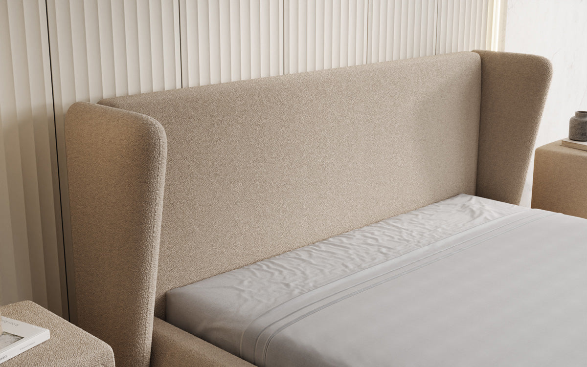 Designer gestoffeerd bed Rosalie in Teddystof Bouclé met opbergruimte