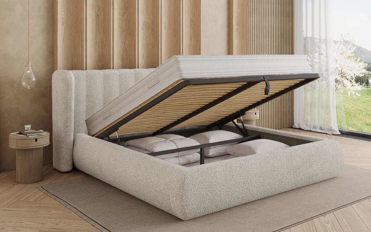 Design gestoffeerd bed Valentina Bouclé met opbergruimte