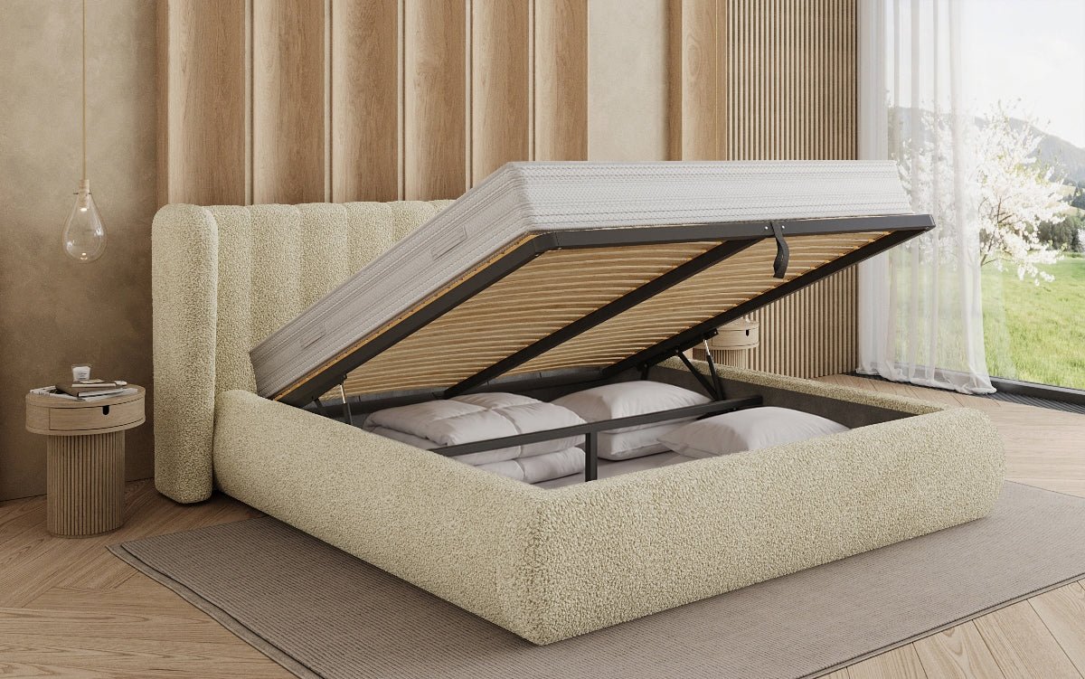 Design gestoffeerd bed Valentina Bouclé met opbergruimte