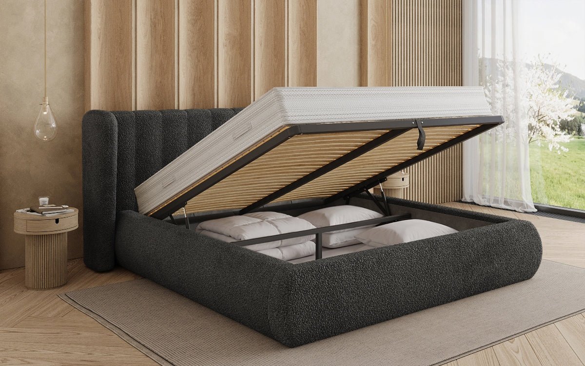 Design gestoffeerd bed Valentina Bouclé met opbergruimte