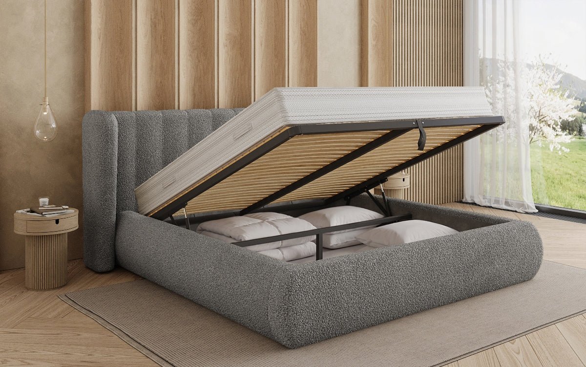 Design gestoffeerd bed Valentina Bouclé met opbergruimte